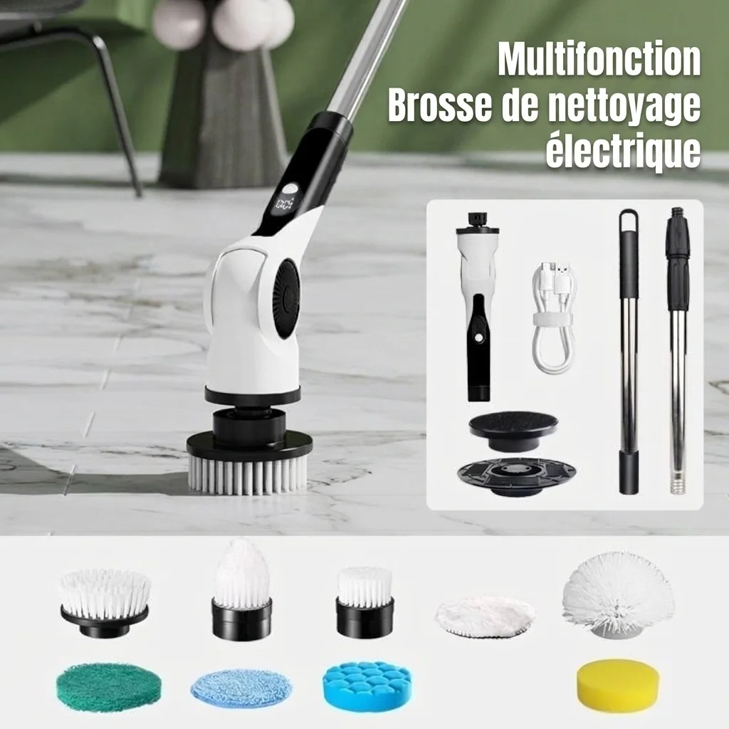 Brosse de nettoyage électrique multifonction 10 en 1, brosse motorisée avec rallonge, moteur de 25 W, 3 vitesses, étanche IPX7, chargement USB-C, autonomie de 90 minutes sans fil