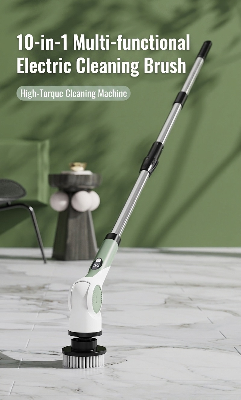 10-in-1 Multipurpose Electric Cleaning Brush, Power Scrubber with Extension, 25W Motor, 3-Speed Settings, IPX7 Waterproof, Type-C Charging, 90-Min Cordless Use