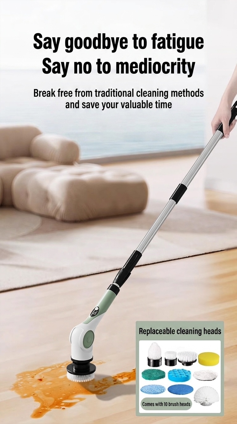 10-in-1 Multipurpose Electric Cleaning Brush, Power Scrubber with Extension, 25W Motor, 3-Speed Settings, IPX7 Waterproof, Type-C Charging, 90-Min Cordless Use