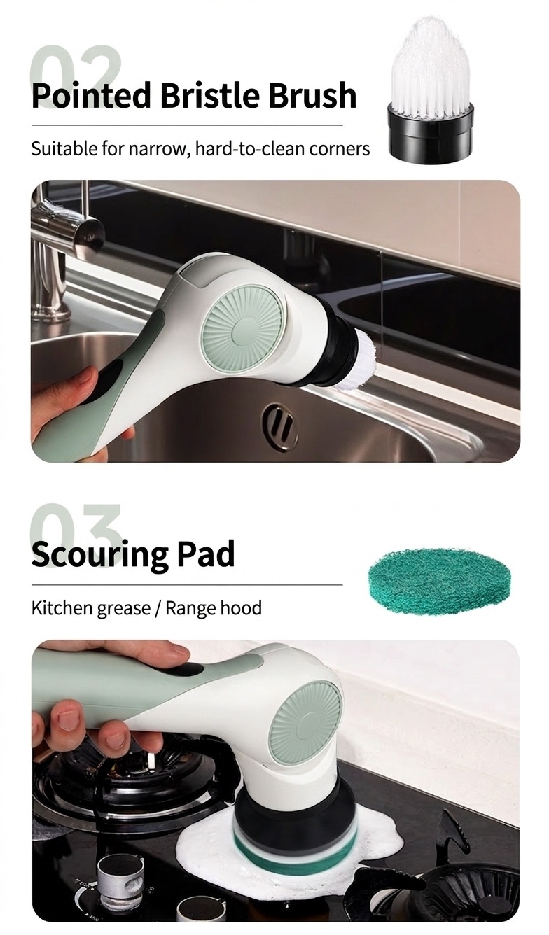 10-in-1 Multipurpose Electric Cleaning Brush, Power Scrubber with Extension, 25W Motor, 3-Speed Settings, IPX7 Waterproof, Type-C Charging, 90-Min Cordless Use
