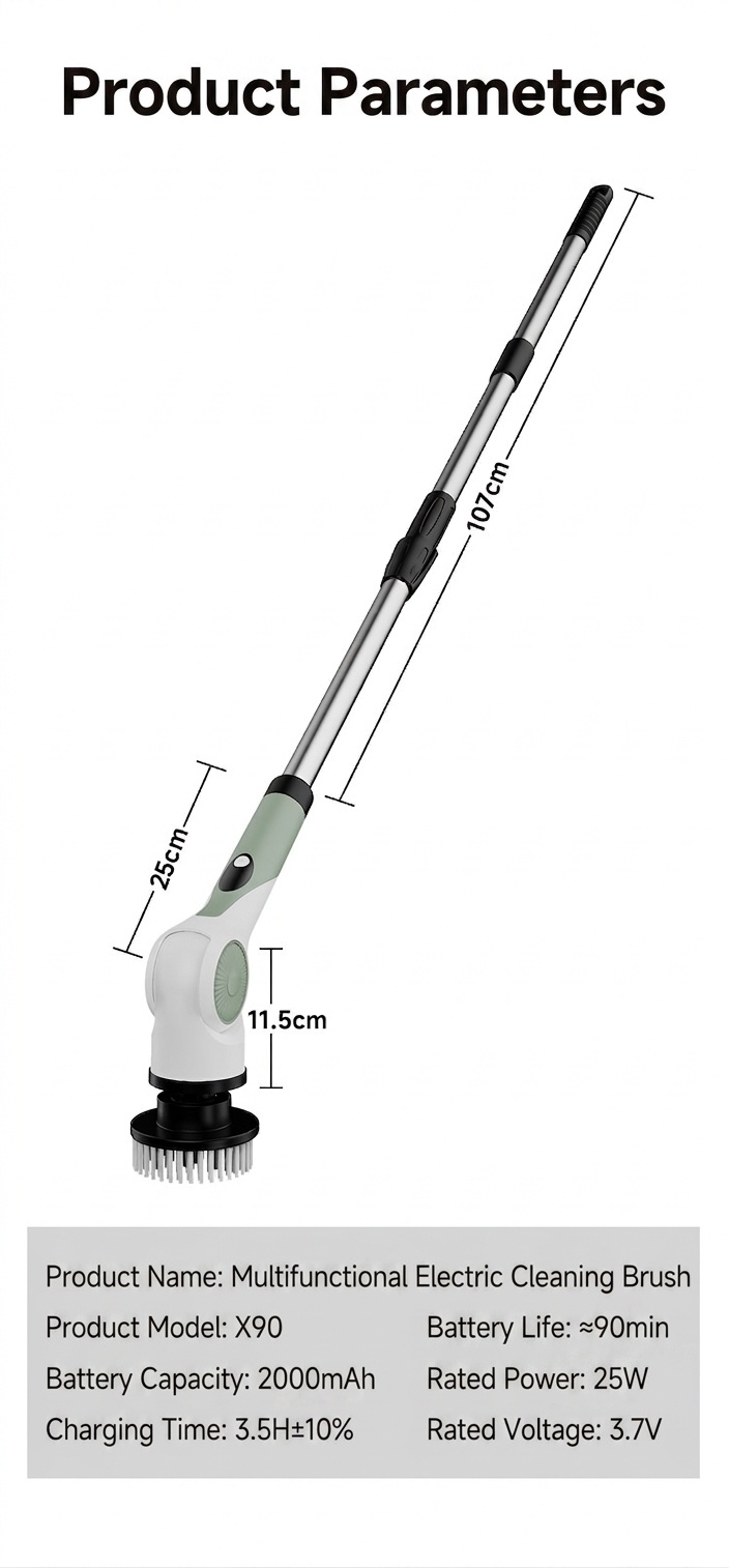 10-in-1 Multipurpose Electric Cleaning Brush, Power Scrubber with Extension, 25W Motor, 3-Speed Settings, IPX7 Waterproof, Type-C Charging, 90-Min Cordless Use
