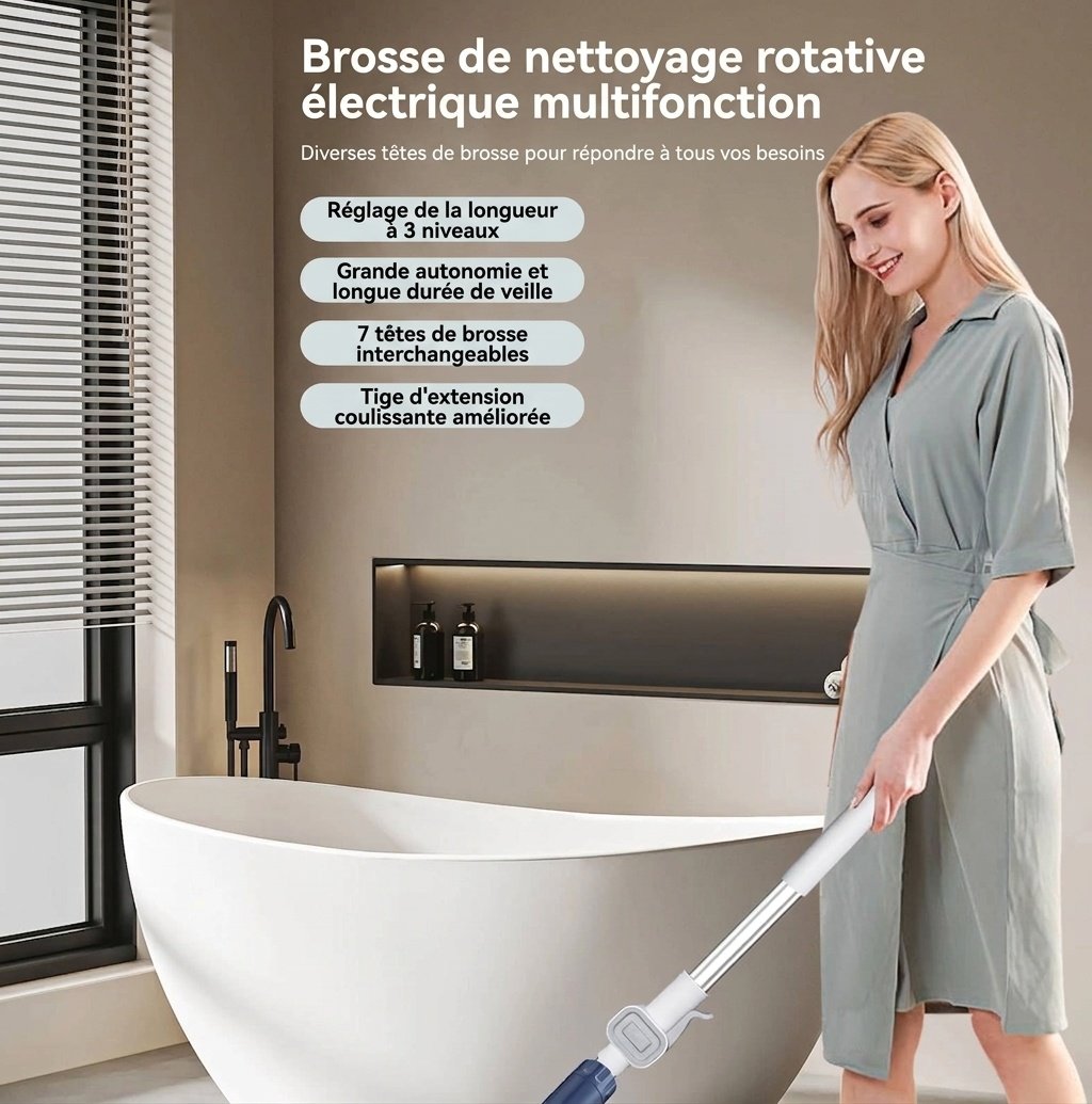 Brosse de nettoyage électrique rotative multifonctionnelle, nettoyeur puissant pour la maison et la voiture, moteur puissant pour un nettoyage en profondeur, têtes de brosse interchangeables, design ergonomique