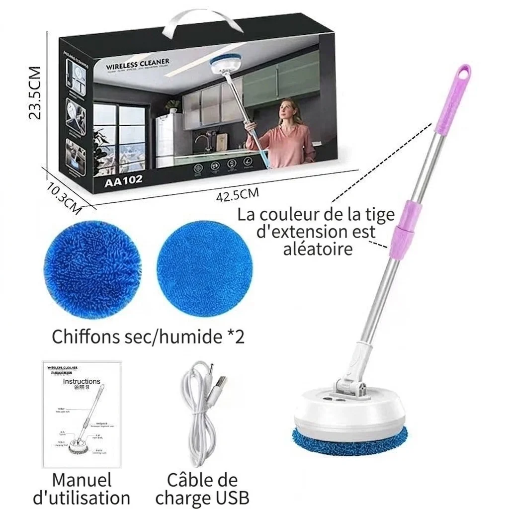 Balai-serpillère électrique sans fil à essorage rotatif, brosse de sol sans fil avec manche extensible, technologie de double essorage puissante, longue autonomie, adaptable à toutes les surfaces