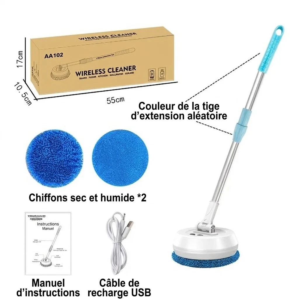 Balai-serpillère électrique sans fil à essorage rotatif, brosse de sol sans fil avec manche extensible, technologie de double essorage puissante, longue autonomie, adaptable à toutes les surfaces