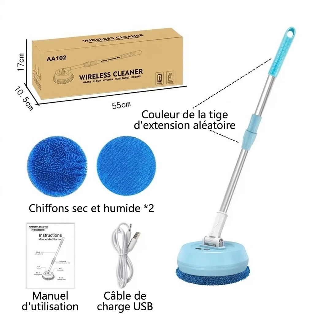 Balai-serpillère électrique sans fil à essorage rotatif, brosse de sol sans fil avec manche extensible, technologie de double essorage puissante, longue autonomie, adaptable à toutes les surfaces