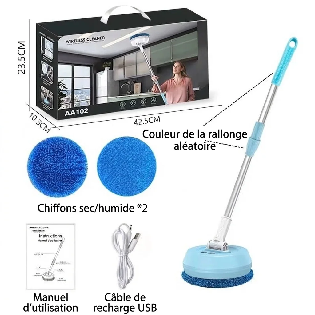 Balai-serpillère électrique sans fil à essorage rotatif, brosse de sol sans fil avec manche extensible, technologie de double essorage puissante, longue autonomie, adaptable à toutes les surfaces