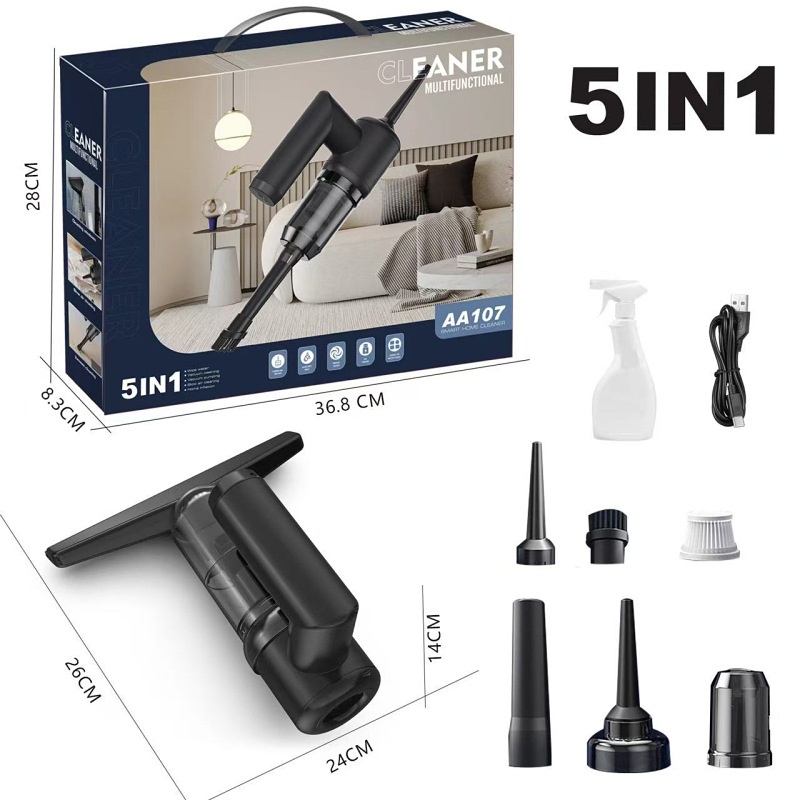 5-in-1 Portable Wireless Handheld Vacuum Cleaner & Water Wiper, 5000PA Powerful Suction, Type-C Fast Charging, Multiple Attachments for Car & Home