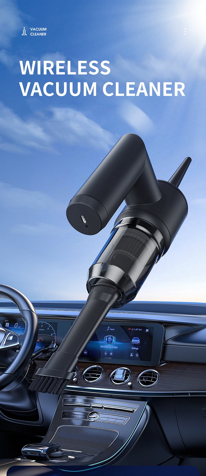 5-in-1 Portable Wireless Handheld Vacuum Cleaner & Water Wiper, 5000PA Powerful Suction, Type-C Fast Charging, Multiple Attachments for Car & Home