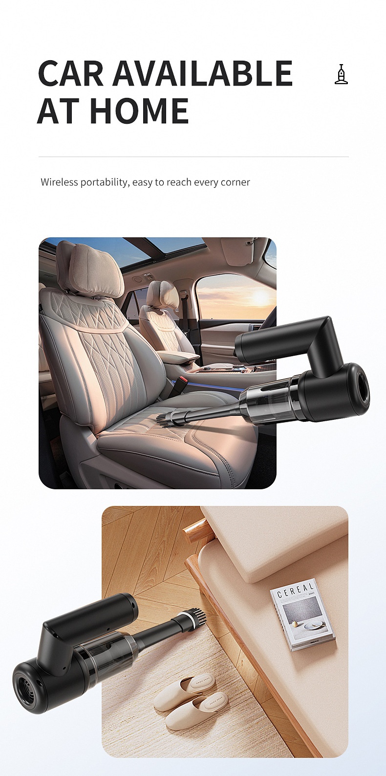 5-in-1 Portable Wireless Handheld Vacuum Cleaner & Water Wiper, 5000PA Powerful Suction, Type-C Fast Charging, Multiple Attachments for Car & Home