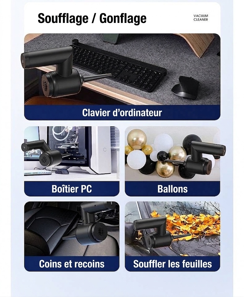 5-in-1 Portable Wireless Handheld Vacuum Cleaner & Water Wiper, 5000PA Powerful Suction, Type-C Fast Charging, Multiple Attachments for Car & Home