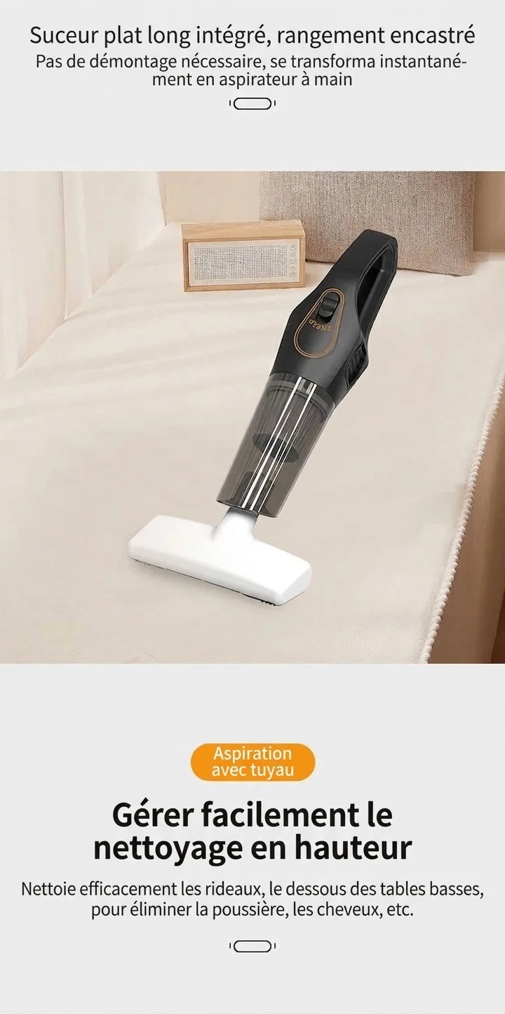 Aspirateur sans fil portable 120 W, aspiration puissante de 10 kPa, léger et compact pour la maison et la voiture, réduction du bruit en 5 étapes, autonomie de 30 minutes