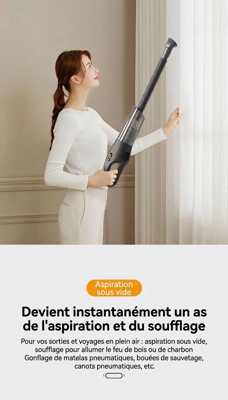 Aspirateur sans fil portable 120 W, aspiration puissante de 10 kPa, léger et compact pour la maison et la voiture, réduction du bruit en 5 étapes, autonomie de 30 minutes