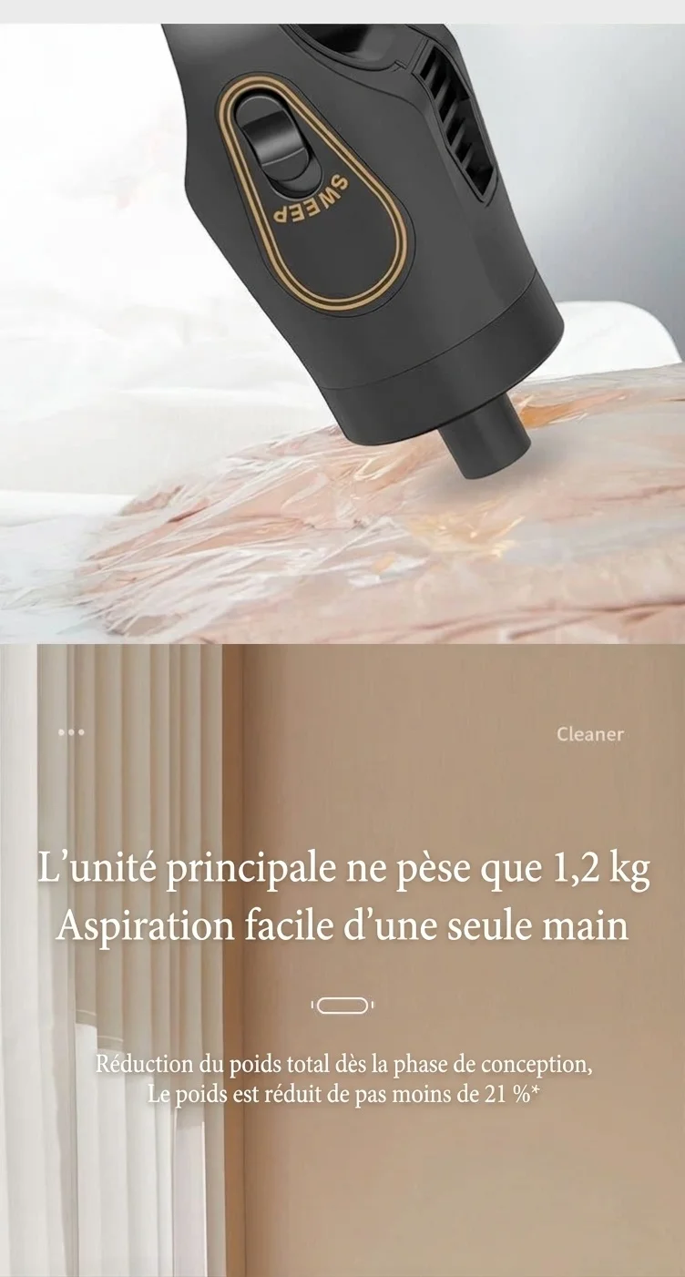 Aspirateur sans fil portable 120 W, aspiration puissante de 10 kPa, léger et compact pour la maison et la voiture, réduction du bruit en 5 étapes, autonomie de 30 minutes