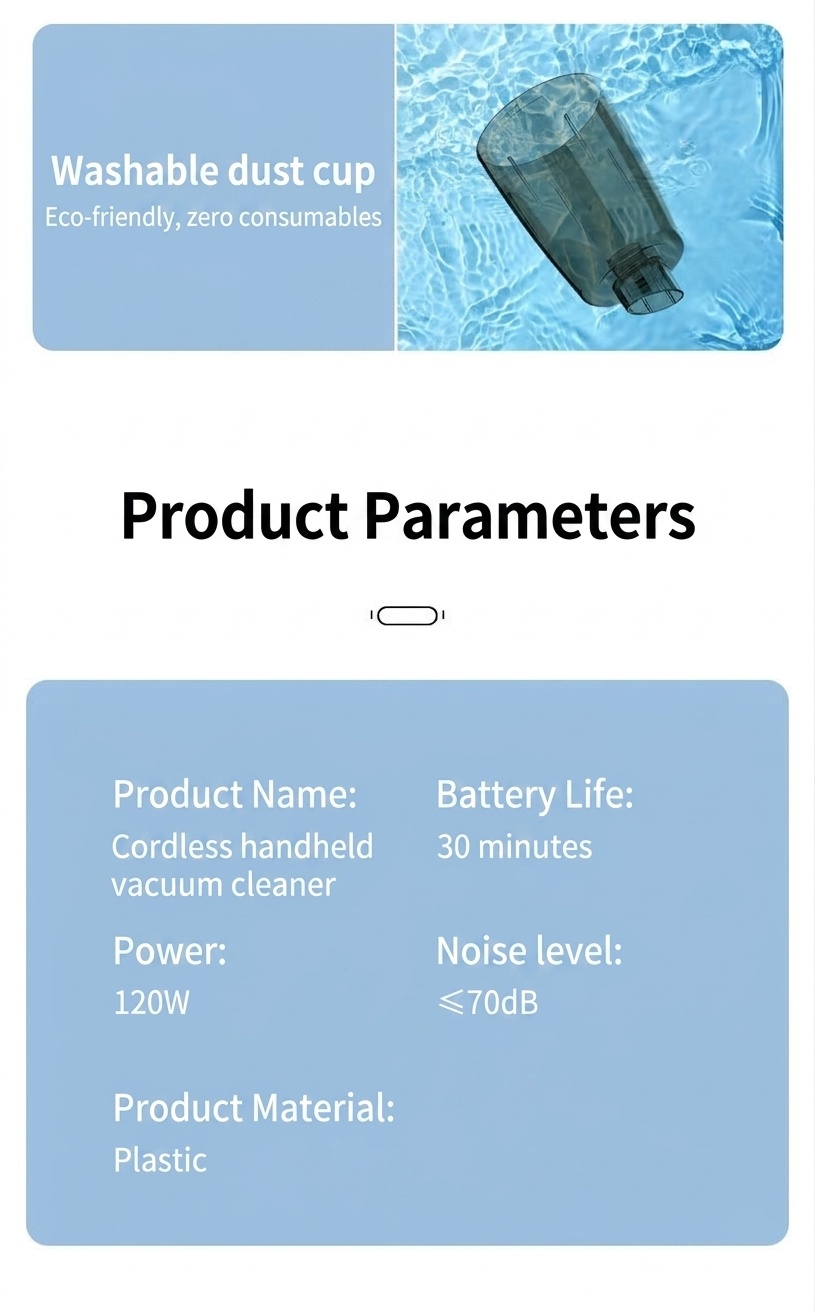120W Wireless Handheld Vacuum Cleaner, 10kPa Powerful Suction, Lightweight & Portable for Home & Car, 5-Double Noise Reduction, 30-Min Battery Life