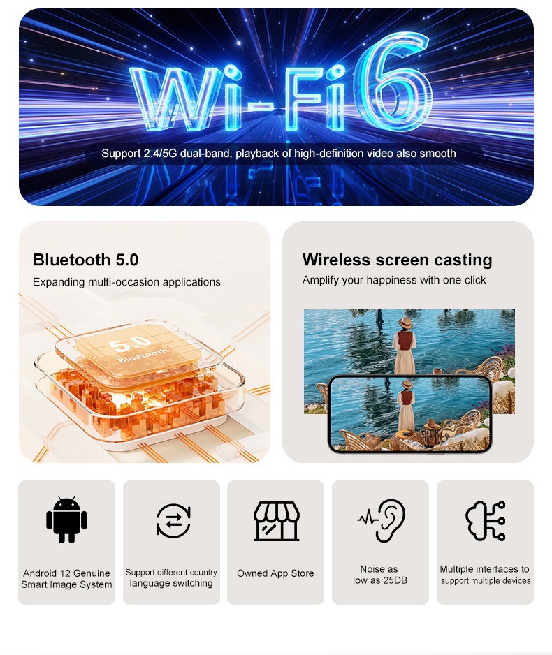 Y400 Portable Smart Projector with WiFi 6 & Bluetooth 5.0, Native 720P (1080P/4K Supported), 300 ANSI Lumens, 200" Display Home Theater Movie Projector, Built-in Speakers, Compatible with HDMI/Android 12