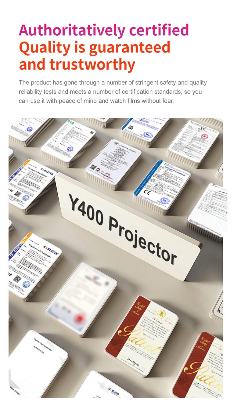 Y400 Portable Smart Projector with WiFi 6 & Bluetooth 5.0, Native 720P (1080P/4K Supported), 300 ANSI Lumens, 200" Display Home Theater Movie Projector, Built-in Speakers, Compatible with HDMI/Android 12