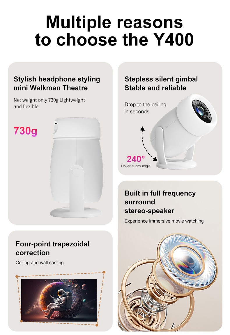 Y400 Portable Smart Projector with WiFi 6 & Bluetooth 5.0, Native 720P (1080P/4K Supported), 300 ANSI Lumens, 200" Display Home Theater Movie Projector, Built-in Speakers, Compatible with HDMI/Android 12