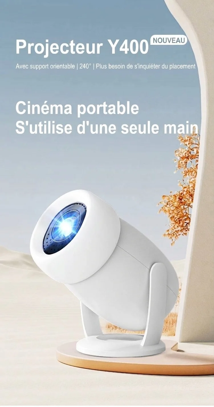 Projecteur intelligent portable Y400 avec WiFi 6 et Bluetooth 5.0, résolution native 720p (compatible 1080p/4K), 300 lumens ANSI, écran de 200 pouces, projecteur home cinéma, haut-parleurs intégrés, compatible HDMI/Android 12