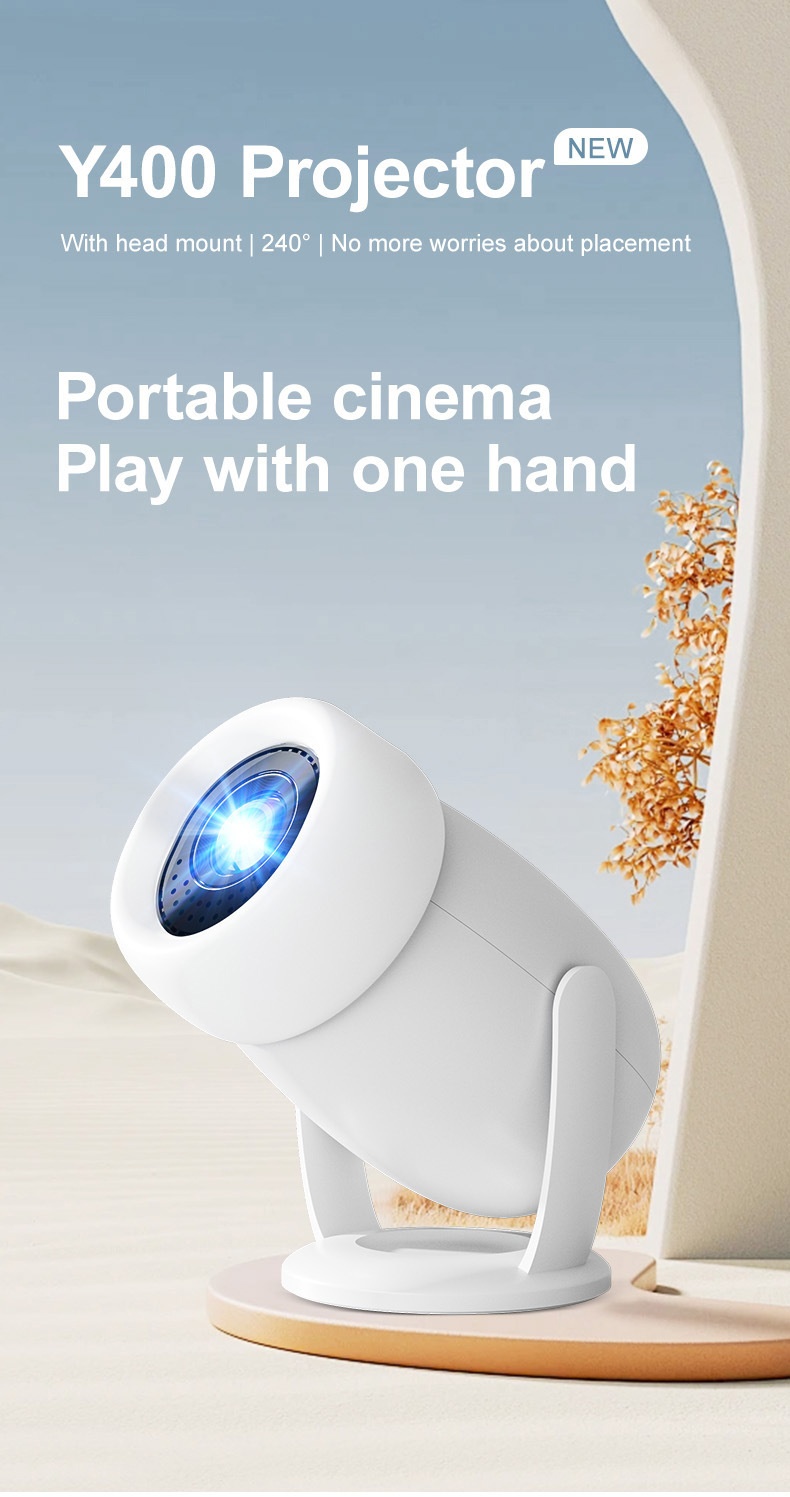 Y400 Portable Smart Projector with WiFi 6 & Bluetooth 5.0, Native 720P (1080P/4K Supported), 300 ANSI Lumens, 200" Display Home Theater Movie Projector, Built-in Speakers, Compatible with HDMI/Android 12