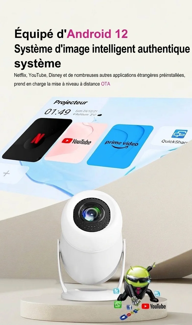 Projecteur intelligent portable Y400 avec WiFi 6 et Bluetooth 5.0, résolution native 720p (compatible 1080p/4K), 300 lumens ANSI, écran de 200 pouces, projecteur home cinéma, haut-parleurs intégrés, compatible HDMI/Android 12