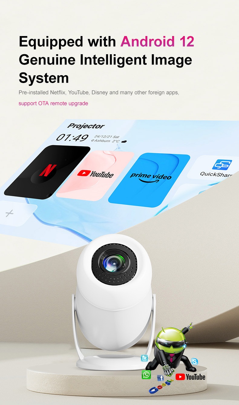 Y400 Portable Smart Projector with WiFi 6 & Bluetooth 5.0, Native 720P (1080P/4K Supported), 300 ANSI Lumens, 200" Display Home Theater Movie Projector, Built-in Speakers, Compatible with HDMI/Android 12