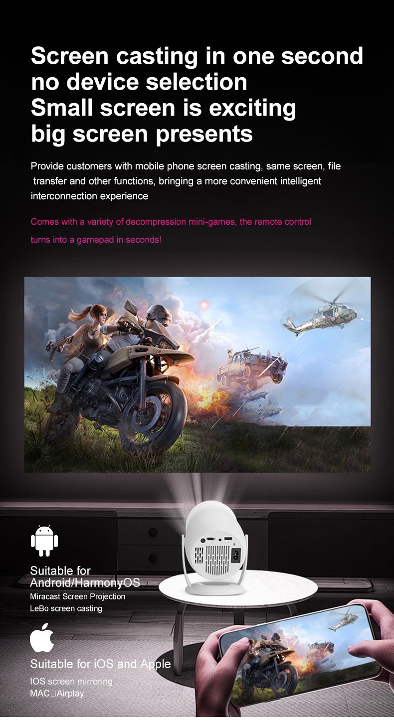 Y400 Portable Smart Projector with WiFi 6 & Bluetooth 5.0, Native 720P (1080P/4K Supported), 300 ANSI Lumens, 200" Display Home Theater Movie Projector, Built-in Speakers, Compatible with HDMI/Android 12