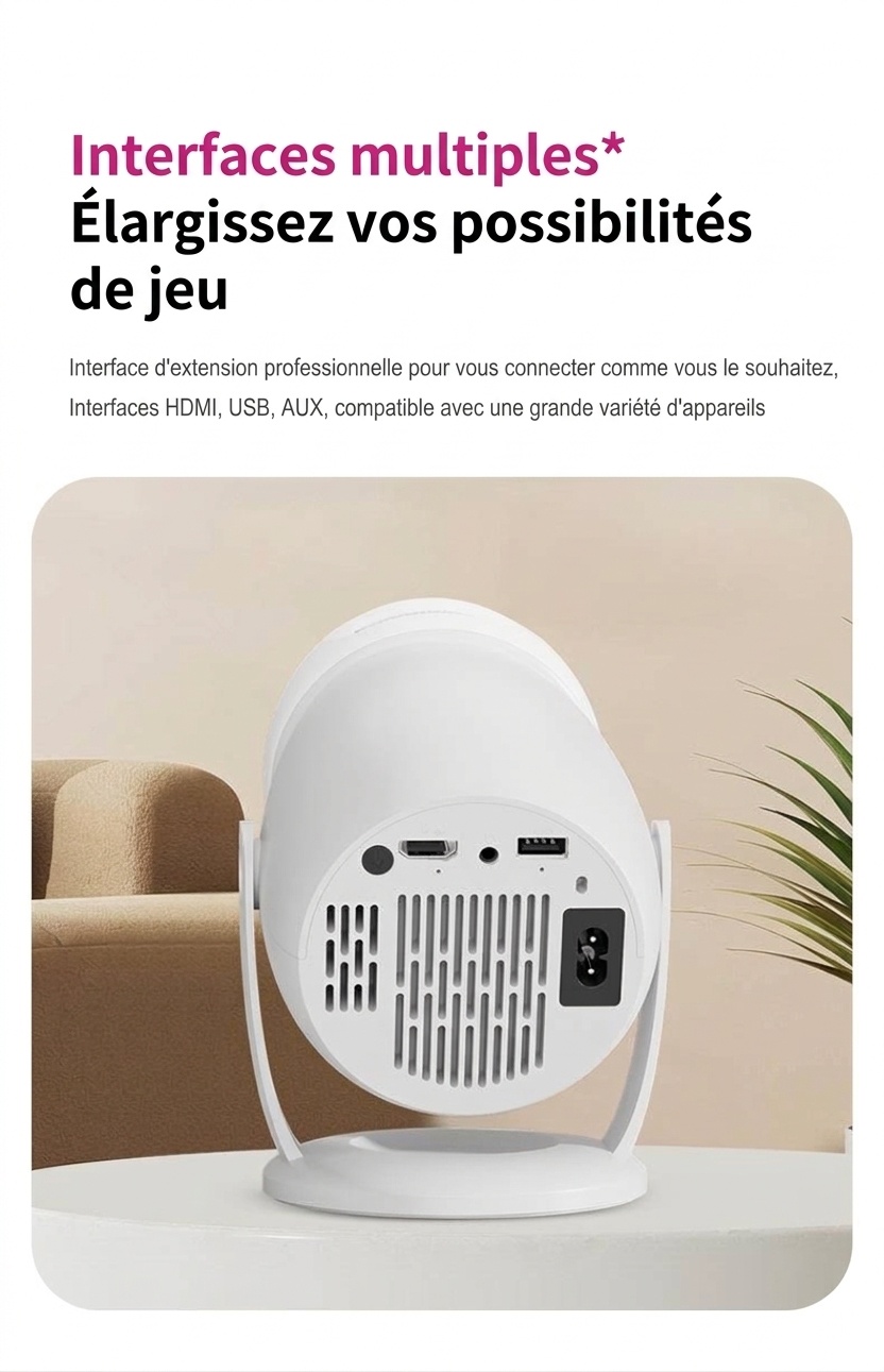 Projecteur intelligent portable Y400 avec WiFi 6 et Bluetooth 5.0, résolution native 720p (compatible 1080p/4K), 300 lumens ANSI, écran de 200 pouces, projecteur home cinéma, haut-parleurs intégrés, compatible HDMI/Android 12