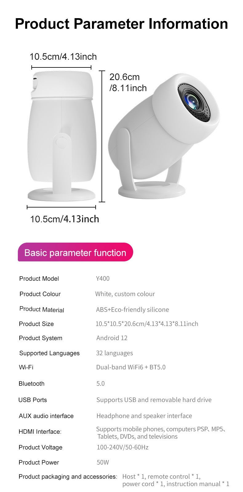 Y400 Portable Smart Projector with WiFi 6 & Bluetooth 5.0, Native 720P (1080P/4K Supported), 300 ANSI Lumens, 200" Display Home Theater Movie Projector, Built-in Speakers, Compatible with HDMI/Android 12
