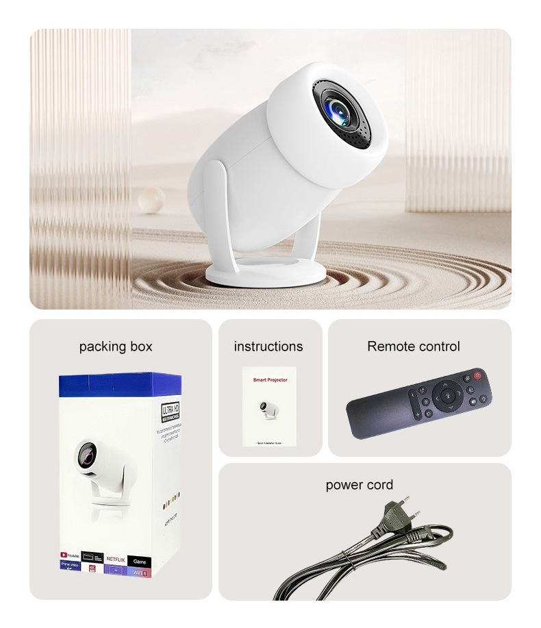 Y400 Portable Smart Projector with WiFi 6 & Bluetooth 5.0, Native 720P (1080P/4K Supported), 300 ANSI Lumens, 200" Display Home Theater Movie Projector, Built-in Speakers, Compatible with HDMI/Android 12