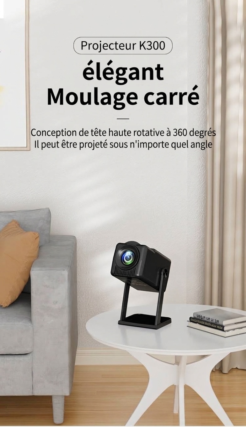 Projecteur intelligent portable K300, projecteur de films HD 720p avec WiFi 6 et Bluetooth 5.0, 200 lumens ANSI, Android 14, écran de 200 pouces pour home cinéma et utilisation en extérieur
