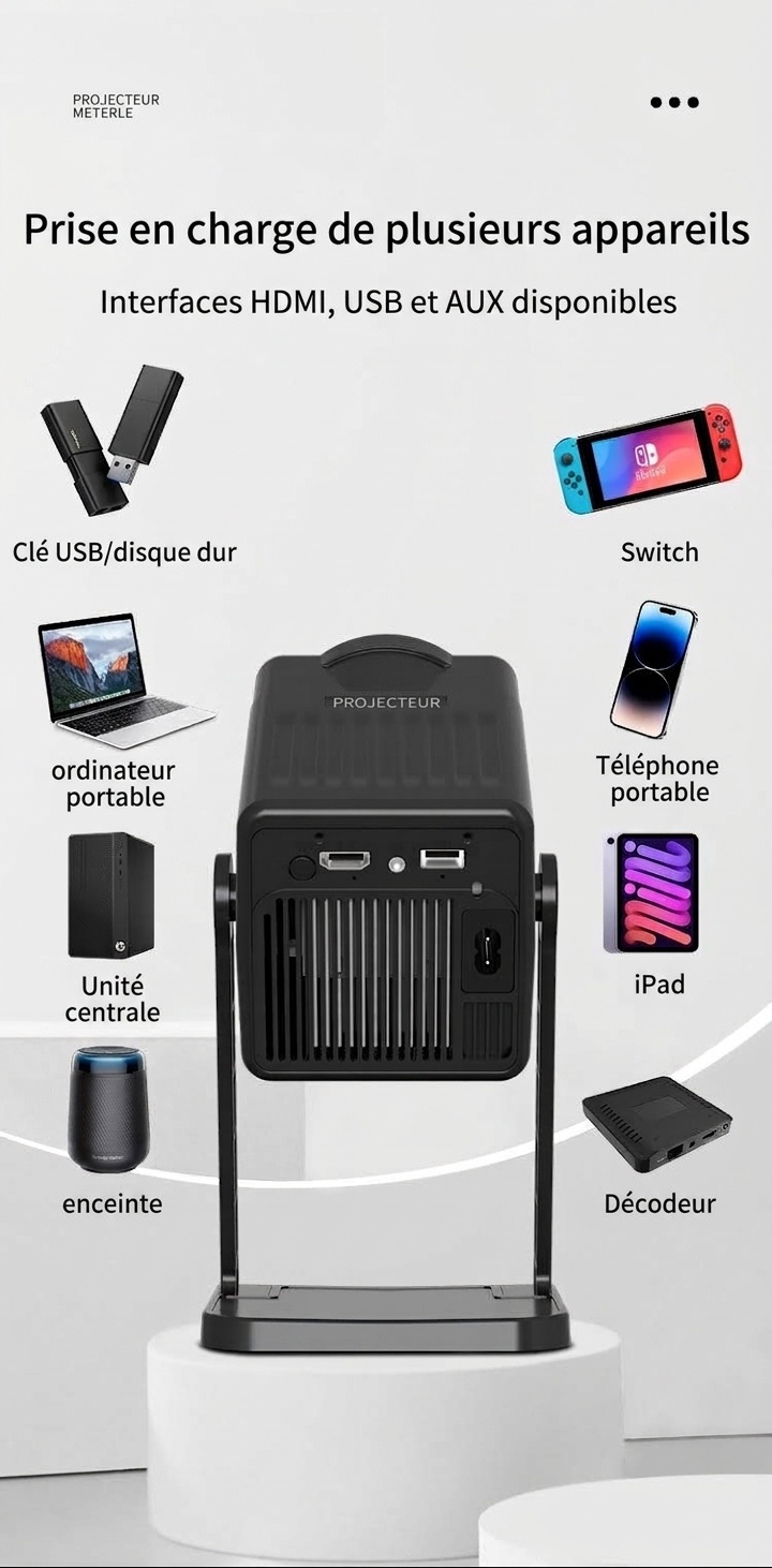 Projecteur intelligent portable K300, projecteur de films HD 720p avec WiFi 6 et Bluetooth 5.0, 200 lumens ANSI, Android 14, écran de 200 pouces pour home cinéma et utilisation en extérieur
