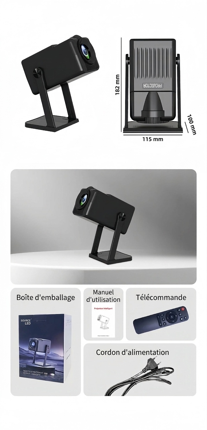 Projecteur intelligent portable K300, projecteur de films HD 720p avec WiFi 6 et Bluetooth 5.0, 200 lumens ANSI, Android 14, écran de 200 pouces pour home cinéma et utilisation en extérieur