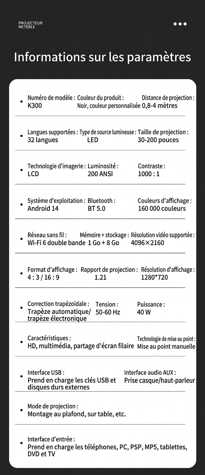 Projecteur intelligent portable K300, projecteur de films HD 720p avec WiFi 6 et Bluetooth 5.0, 200 lumens ANSI, Android 14, écran de 200 pouces pour home cinéma et utilisation en extérieur