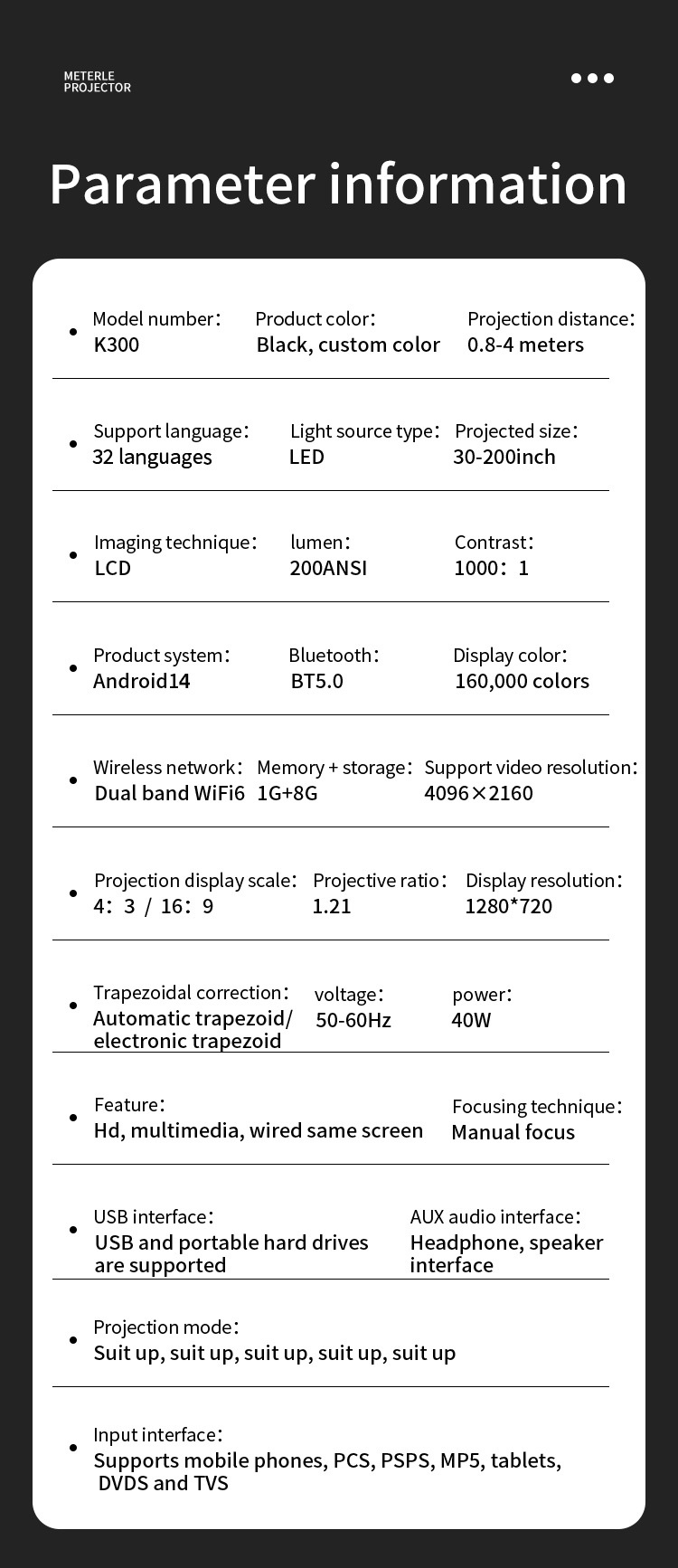K300 Portable Smart Projector, 720P HD Movie Projector with WiFi 6 & Bluetooth 5.0, 200 ANSI Lumens, Android 14, 200" Display for Home Theater and Outdoor Use