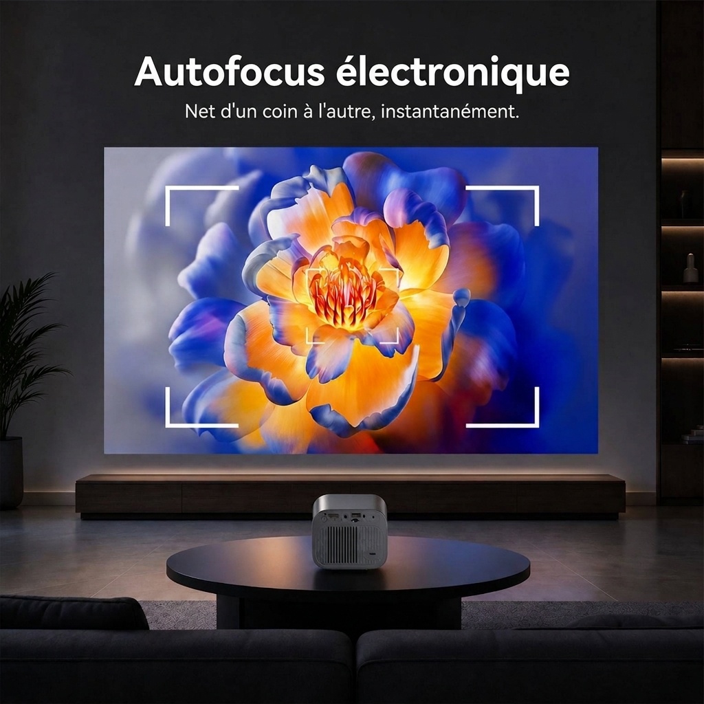 Mini projecteur portable, vidéoprojecteur HD 720p natif avec Wi-Fi double bande et HDMI, 180 lumens ANSI, écran de 120 pouces, mise au point automatique, haut-parleurs intégrés pour le home cinéma et les films en plein air.