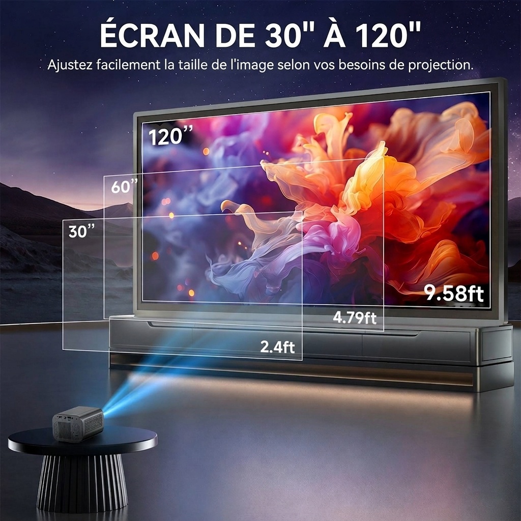 Mini projecteur portable, vidéoprojecteur HD 720p natif avec Wi-Fi double bande et HDMI, 180 lumens ANSI, écran de 120 pouces, mise au point automatique, haut-parleurs intégrés pour le home cinéma et les films en plein air.