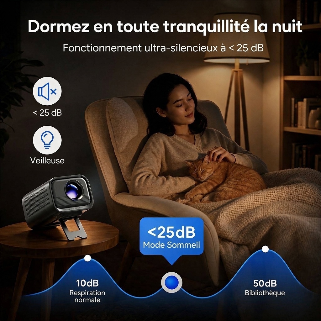 Mini projecteur portable, vidéoprojecteur HD 720p natif avec Wi-Fi double bande et HDMI, 180 lumens ANSI, écran de 120 pouces, mise au point automatique, haut-parleurs intégrés pour le home cinéma et les films en plein air.