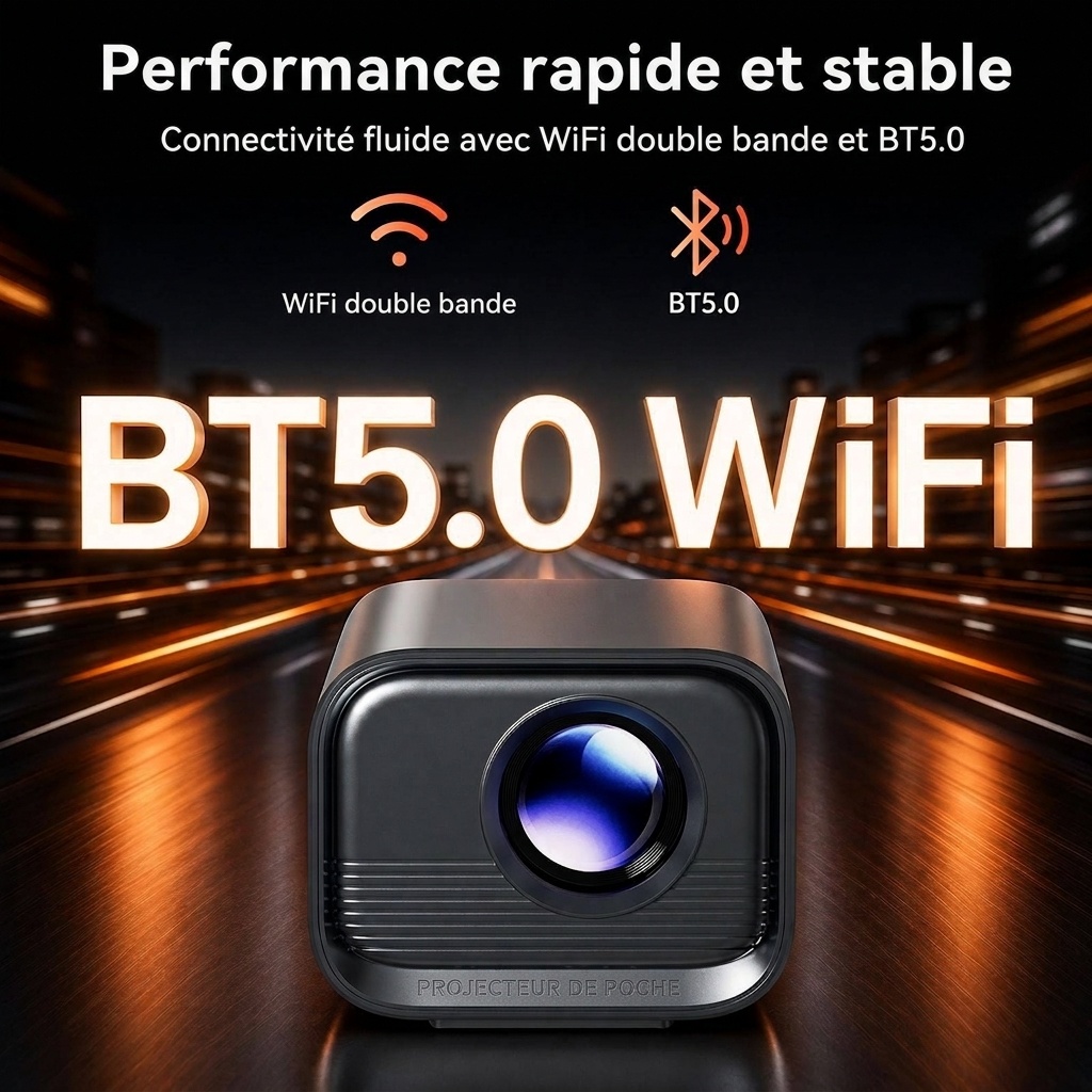 Mini projecteur portable, vidéoprojecteur HD 720p natif avec Wi-Fi double bande et HDMI, 180 lumens ANSI, écran de 120 pouces, mise au point automatique, haut-parleurs intégrés pour le home cinéma et les films en plein air.