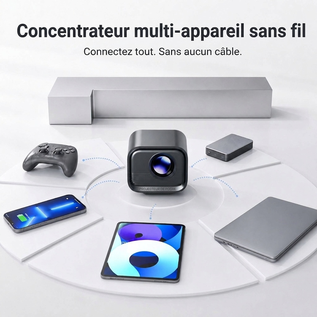 Mini projecteur portable, vidéoprojecteur HD 720p natif avec Wi-Fi double bande et HDMI, 180 lumens ANSI, écran de 120 pouces, mise au point automatique, haut-parleurs intégrés pour le home cinéma et les films en plein air.