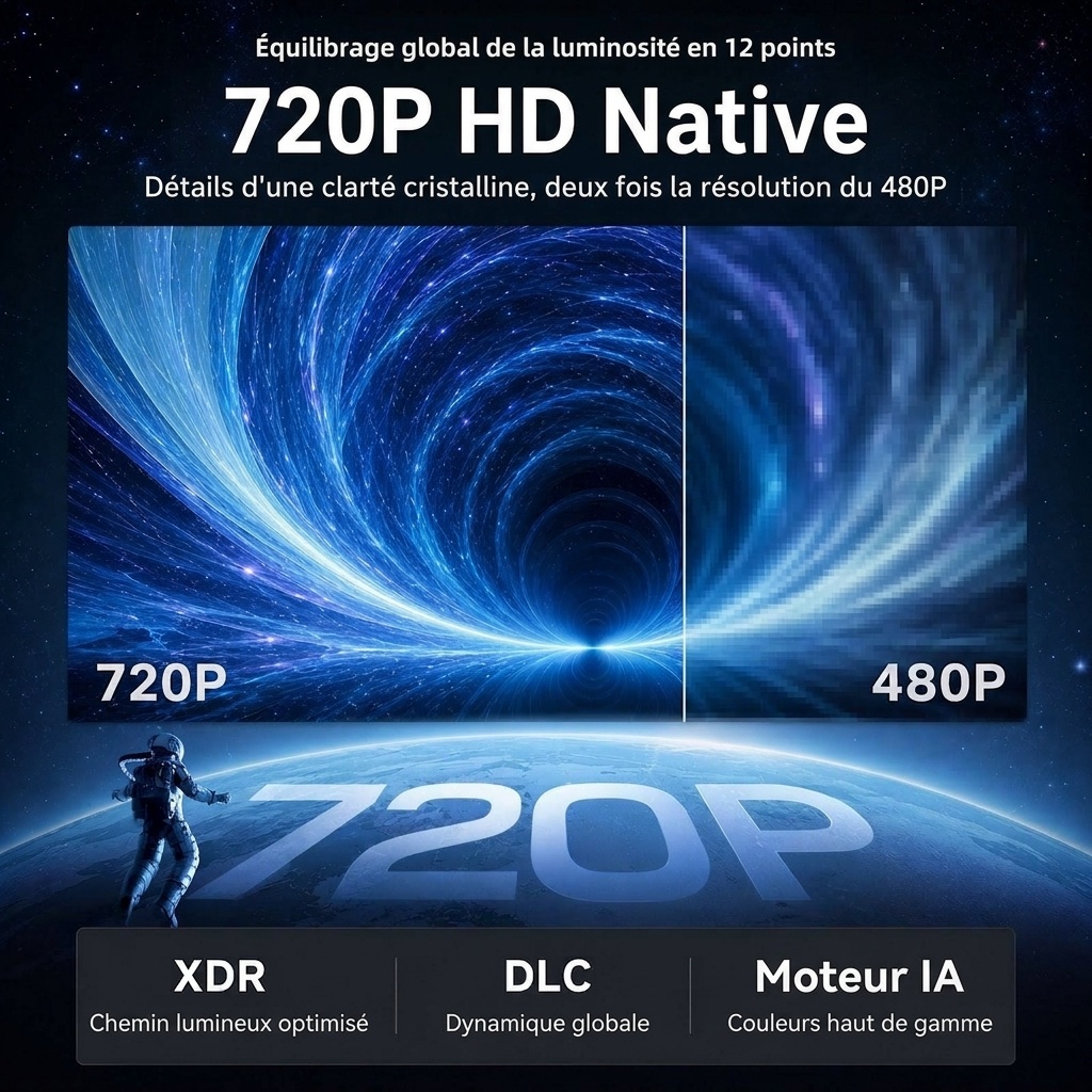 Mini projecteur portable, vidéoprojecteur HD 720p natif avec Wi-Fi double bande et HDMI, 180 lumens ANSI, écran de 120 pouces, mise au point automatique, haut-parleurs intégrés pour le home cinéma et les films en plein air.