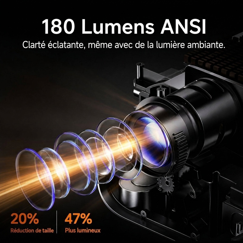 Mini projecteur portable, vidéoprojecteur HD 720p natif avec Wi-Fi double bande et HDMI, 180 lumens ANSI, écran de 120 pouces, mise au point automatique, haut-parleurs intégrés pour le home cinéma et les films en plein air.