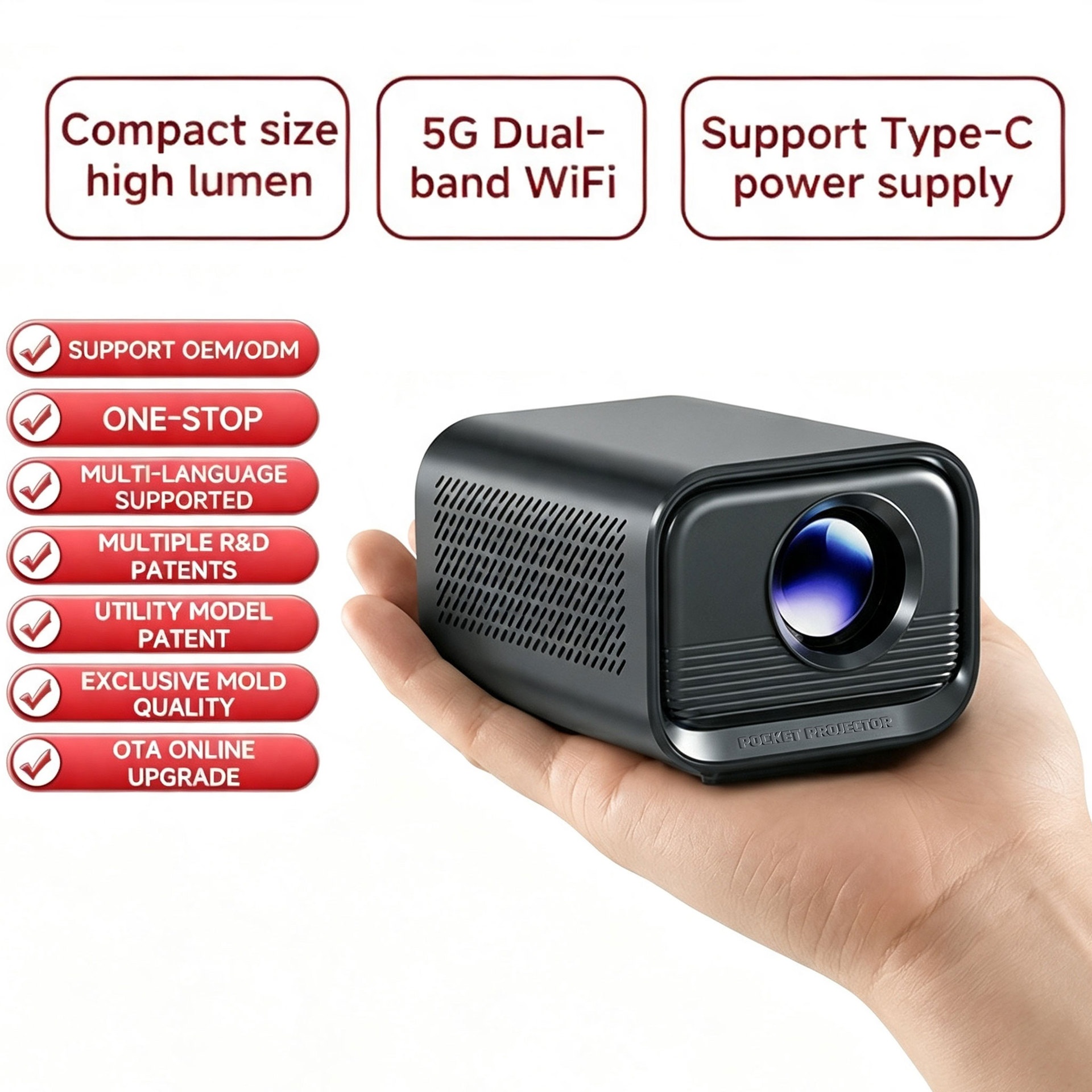 Mini Portable Projector, Native 720P HD Video Projector with Dual-Band WiFi & HDMI, 180 ANSI Lumens, 120" Display, Auto-Focus, Built-in Speakers for Home Theater and Outdoor Movies