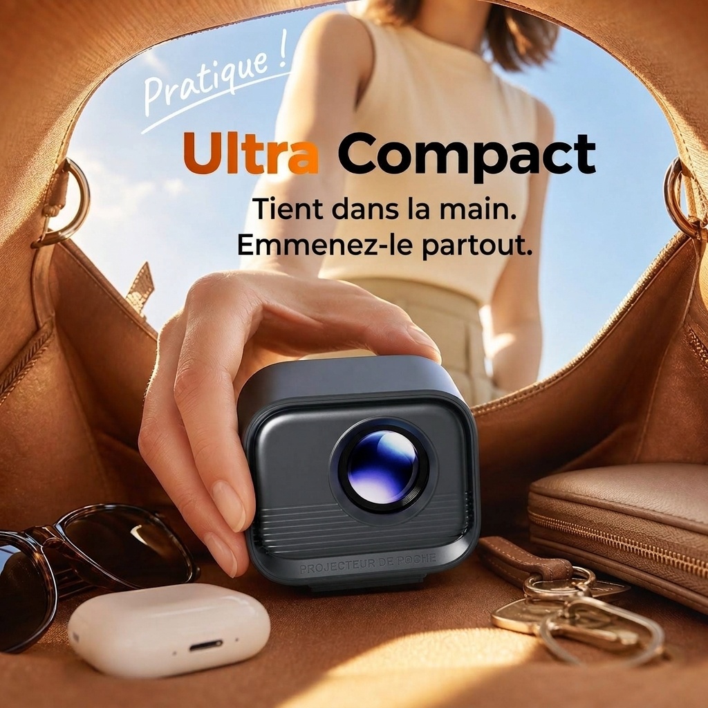 Mini projecteur portable, vidéoprojecteur HD 720p natif avec Wi-Fi double bande et HDMI, 180 lumens ANSI, écran de 120 pouces, mise au point automatique, haut-parleurs intégrés pour le home cinéma et les films en plein air.