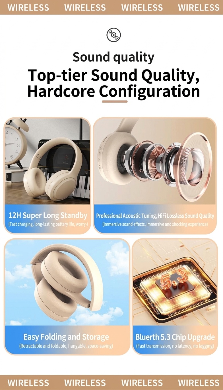 Wireless Bluetooth 5.3 Over-Ear Foldable Headphones