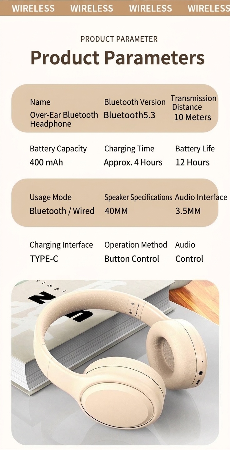 Wireless Bluetooth 5.3 Over-Ear Foldable Headphones