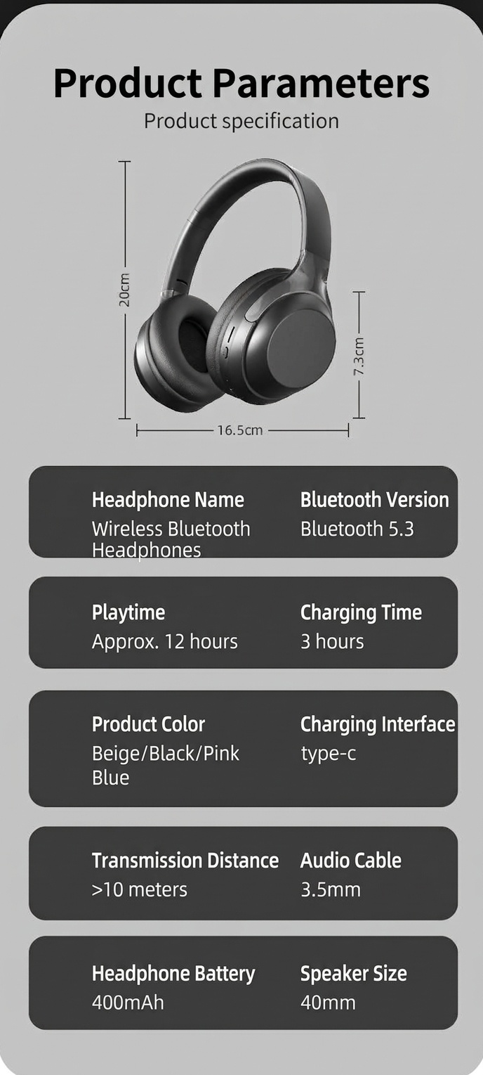 Foldable Wireless Over-Ear Bluetooth 5.3 Headphones