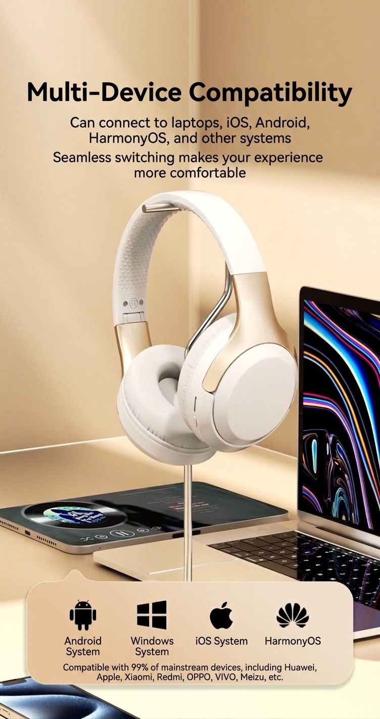 Wireless Bluetooth 5.3 Over-Ear Headphones with Mic