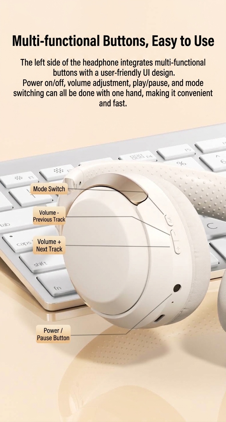Wireless Bluetooth 5.3 Over-Ear Headphones with Mic
