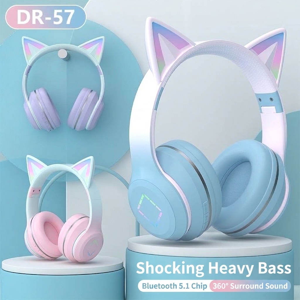 Cat Ear Wireless Bluetooth 5.1 Headphones with RGB LED Lights, 40mm Drivers, 15H Playtime, Built-in Mic & TF Card Slot, Over-Ear Foldable Headset for Kids & Adults
