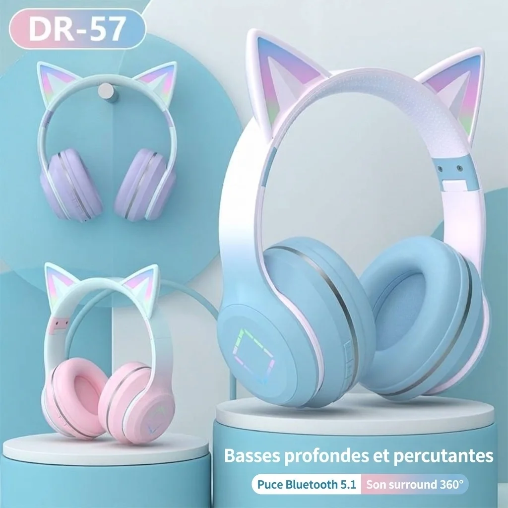 Cat Ear Wireless Bluetooth 5.1 Headphones with RGB LED Lights, 40mm Drivers, 15H Playtime, Built-in Mic & TF Card Slot, Over-Ear Foldable Headset for Kids & Adults